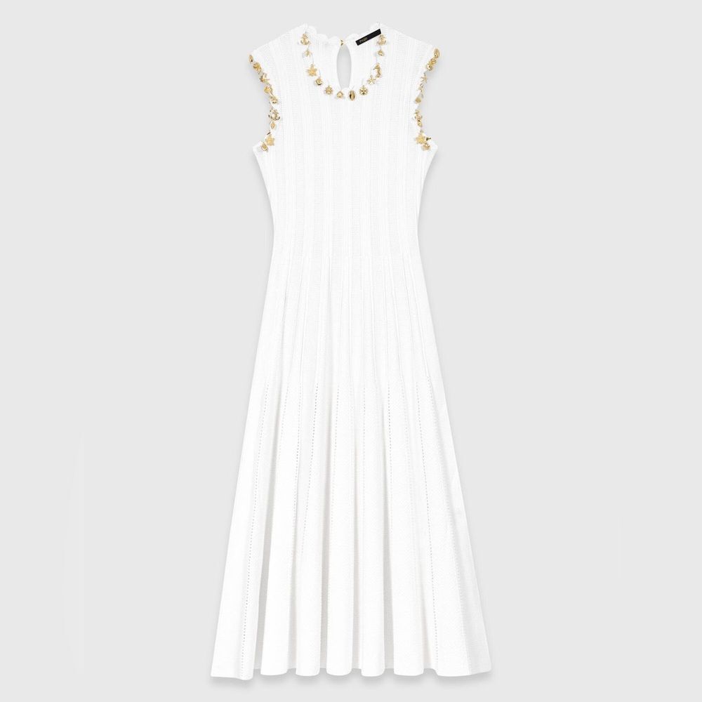 New MAJE White Sleeveless Embellished Knit midi dress with gold jewellery - Picture 2 of 16